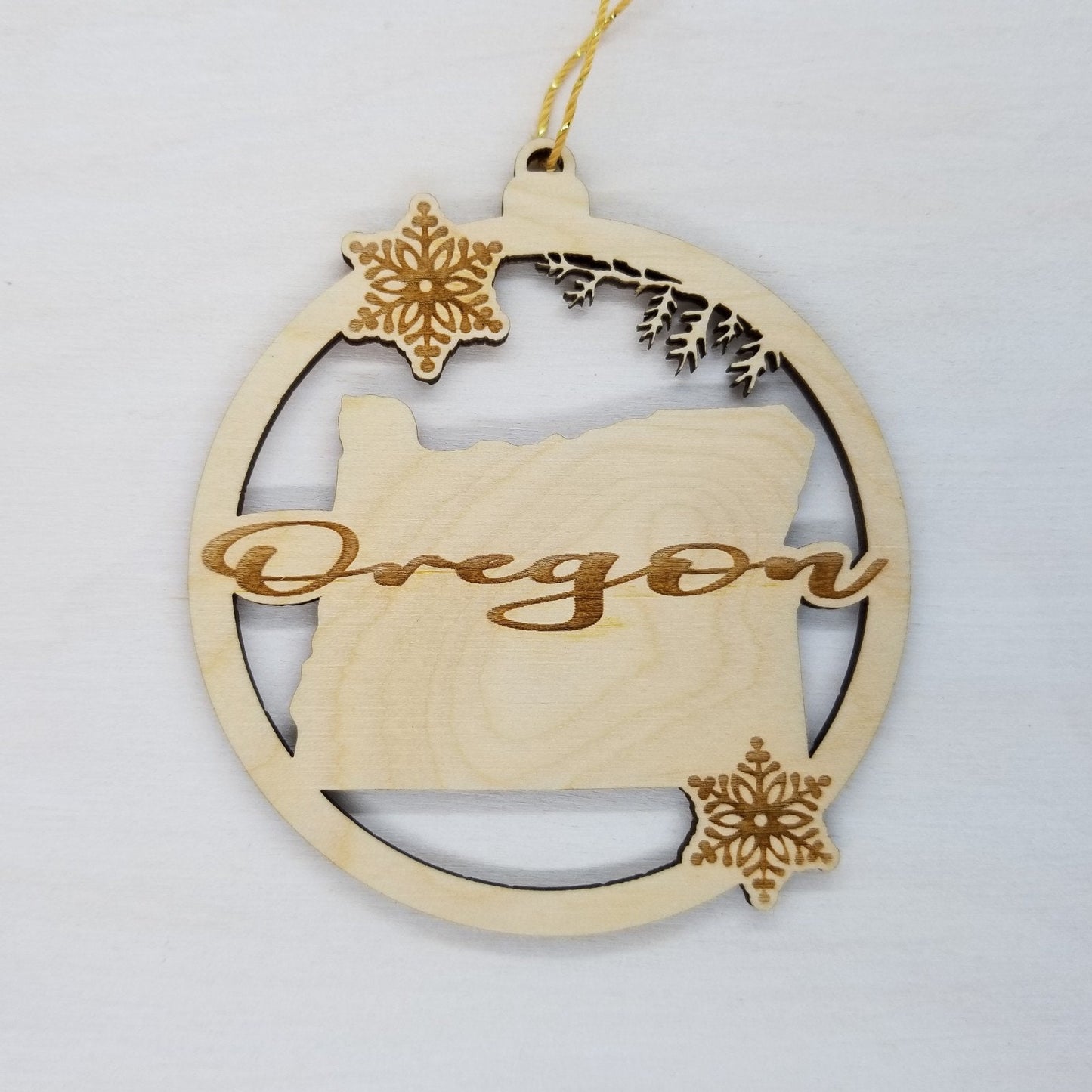 Oregon Wood Ornament - State Shape with Snowflakes Cutout OR - Handmade Wood Ornament Made in USA Christmas Decor