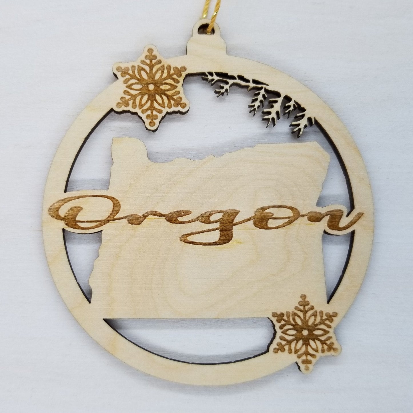 Oregon Wood Ornament - State Shape with Snowflakes Cutout OR - Handmade Wood Ornament Made in USA Christmas Decor
