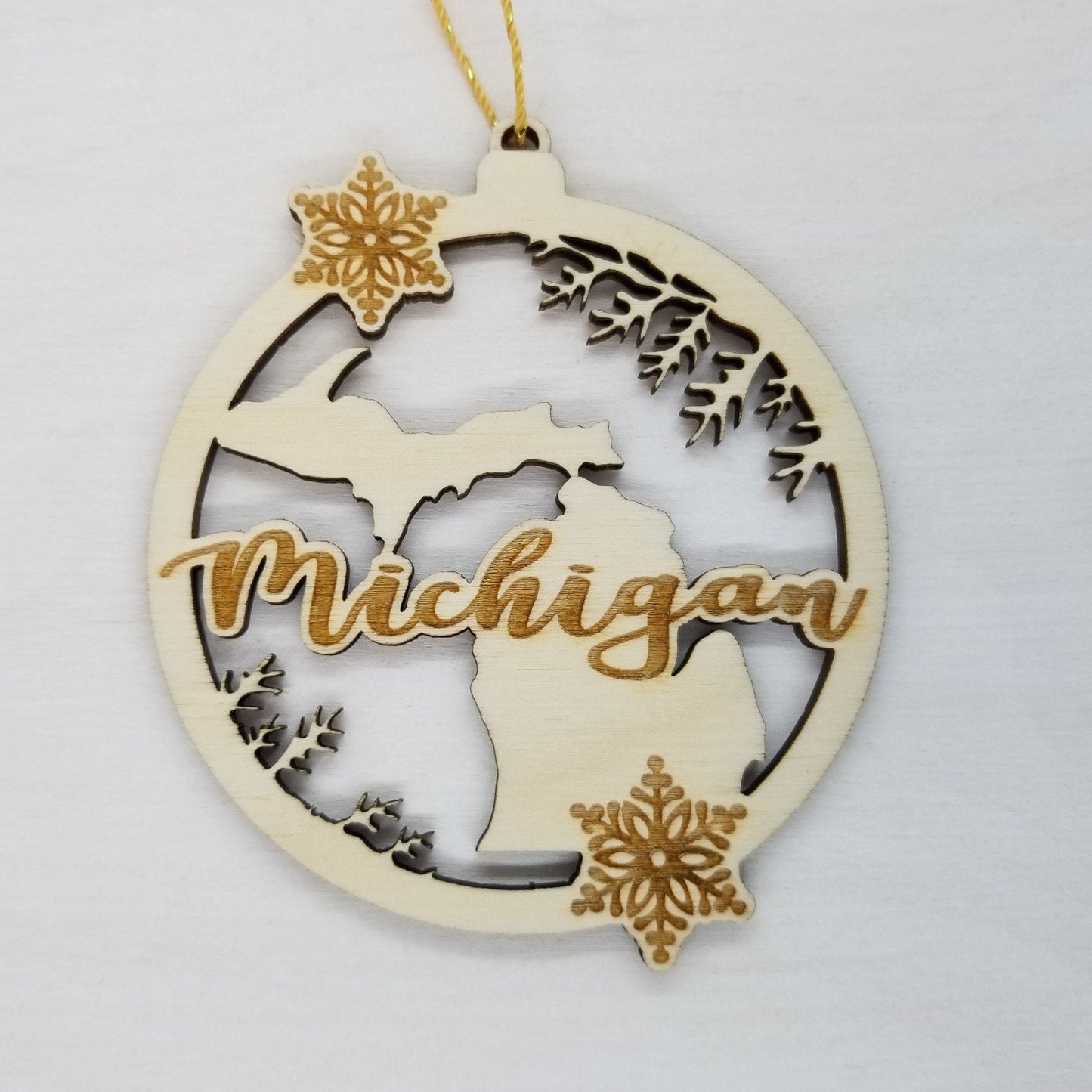 Michigan Wood Ornament - MI State Shape with Snowflakes Cutout - Handmade Wood Ornament Made in USA Christmas Decor