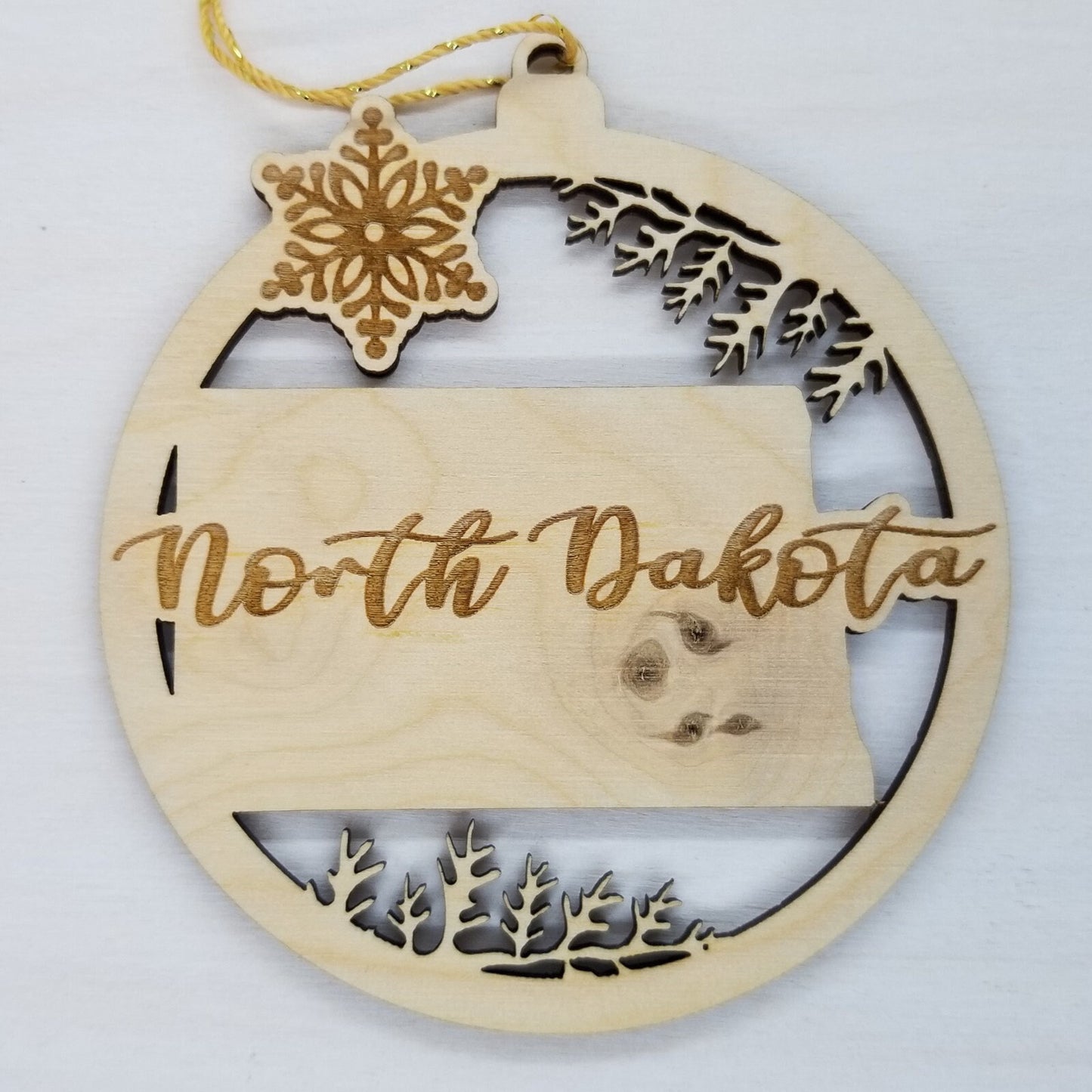 North Dakota Wood Ornament - ND State Shape with Snowflakes Cutout - Handmade Wood Ornament Made in USA Christmas Decor
