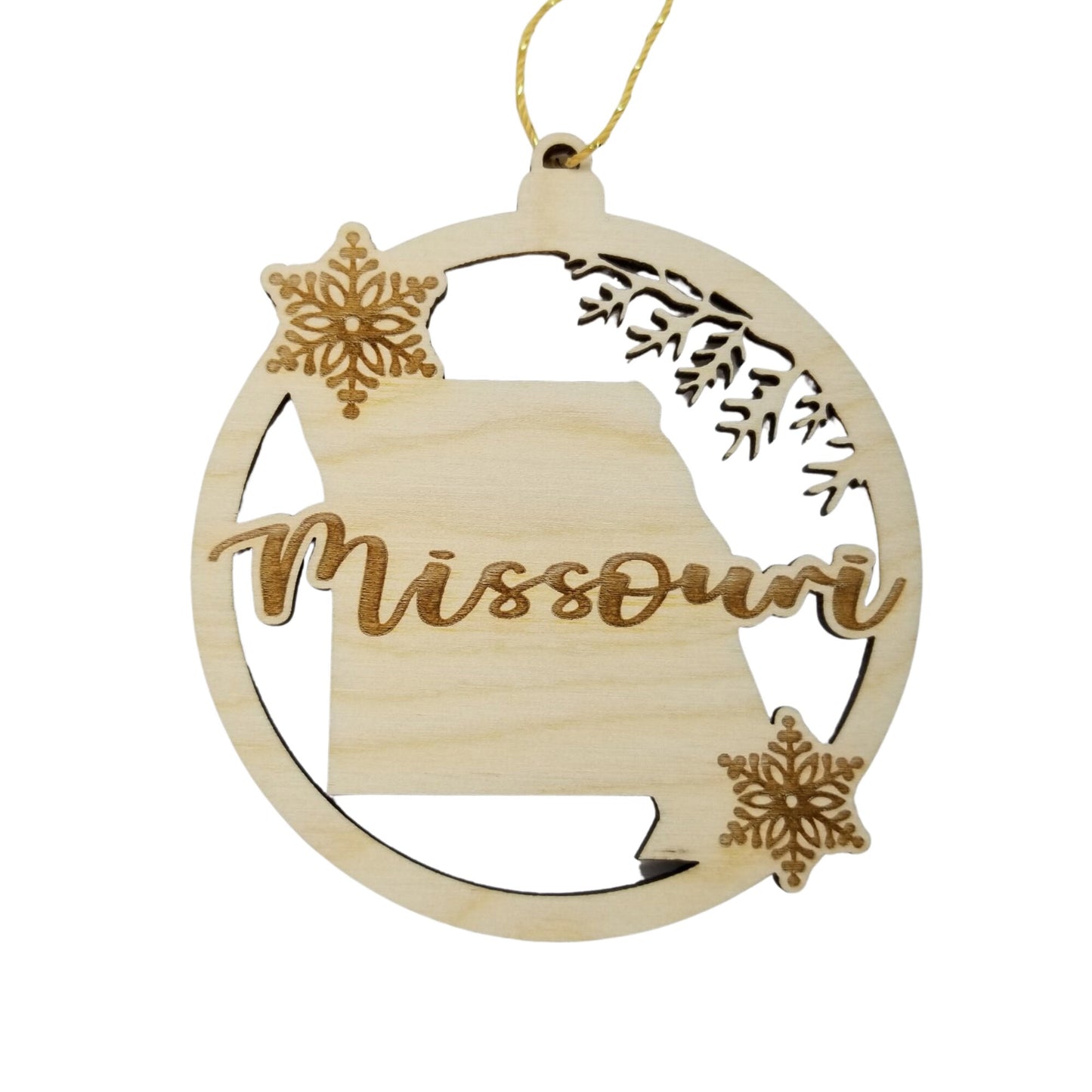 Missouri Wood Ornament - MO State Shape with Snowflakes Cutout - Handmade Wood Ornament Made in USA Christmas Decor