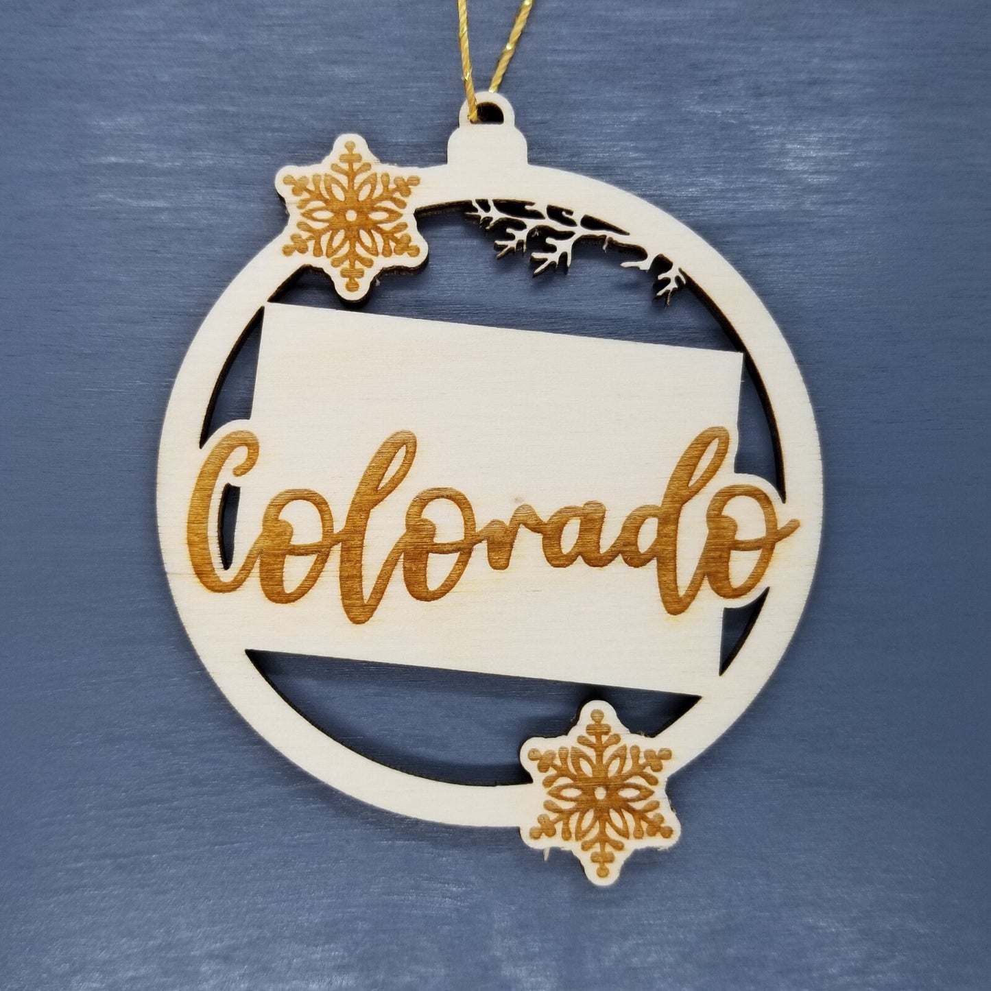 Colorado Ornament - State Shape with Snowflakes Cutout CO Souvenir - Handmade Wood Ornament Made in USA Christmas Decor