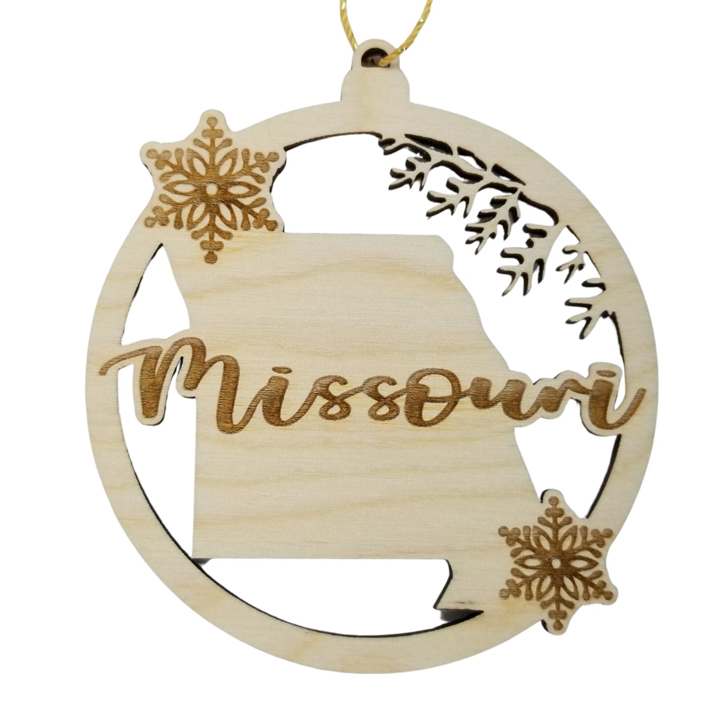Missouri Wood Ornament - MO State Shape with Snowflakes Cutout - Handmade Wood Ornament Made in USA Christmas Decor