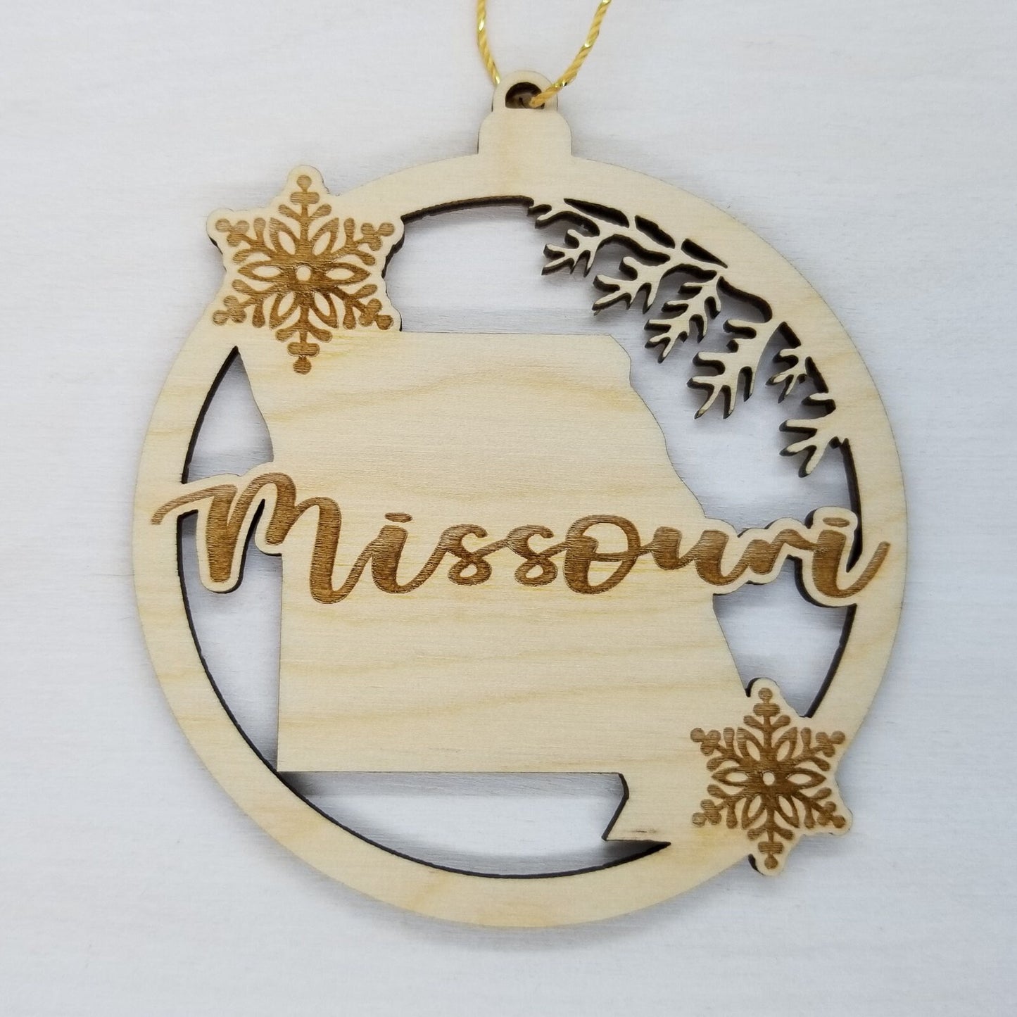 Missouri Wood Ornament - MO State Shape with Snowflakes Cutout - Handmade Wood Ornament Made in USA Christmas Decor
