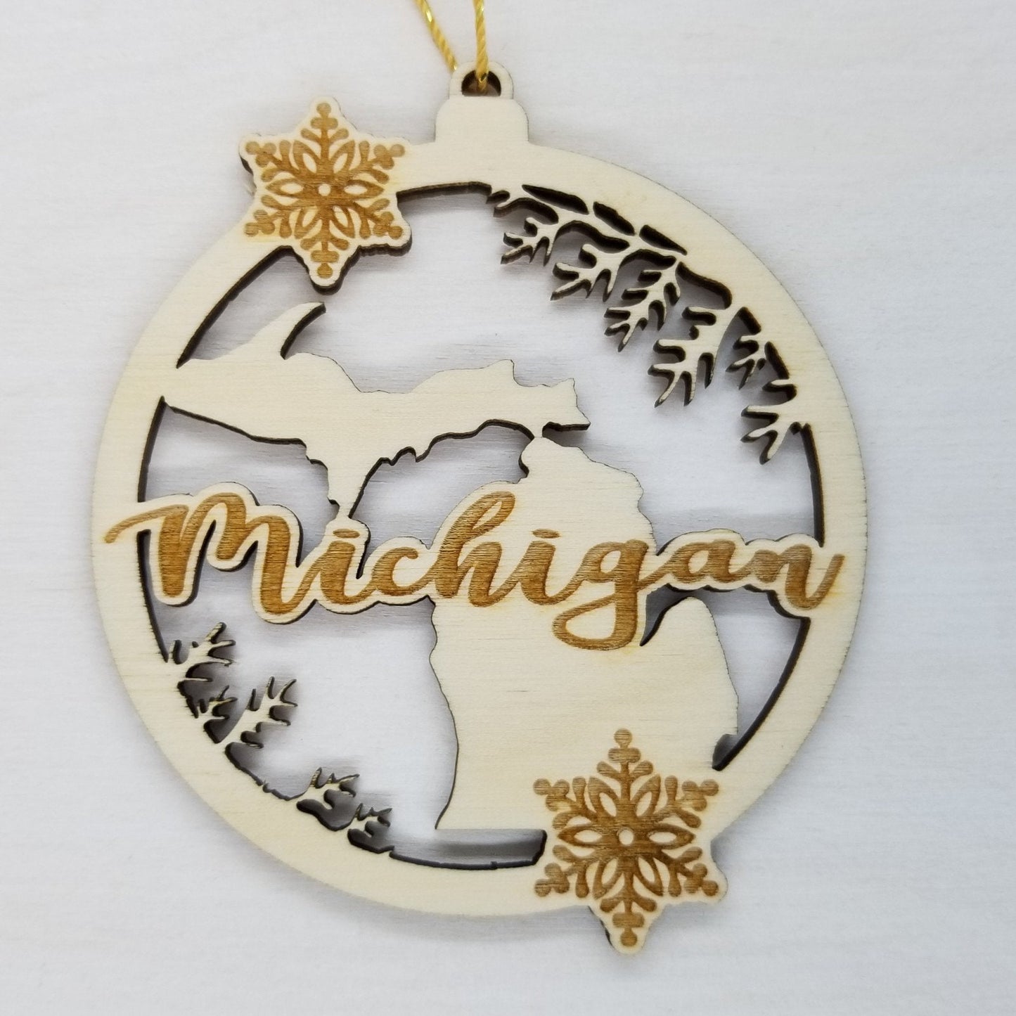 Michigan Wood Ornament - MI State Shape with Snowflakes Cutout - Handmade Wood Ornament Made in USA Christmas Decor