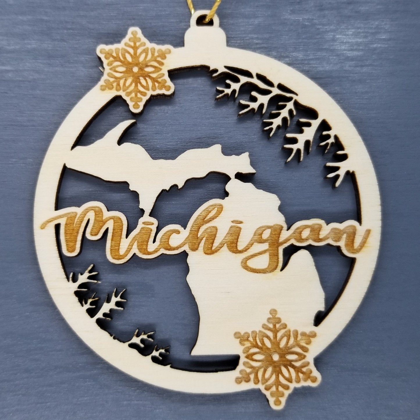 Michigan Wood Ornament - MI State Shape with Snowflakes Cutout - Handmade Wood Ornament Made in USA Christmas Decor