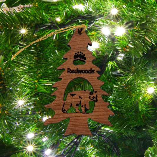 Bear in a Tree Ornament Christmas California Redwoods Souvenir Handmade Wood Ornament - 15017