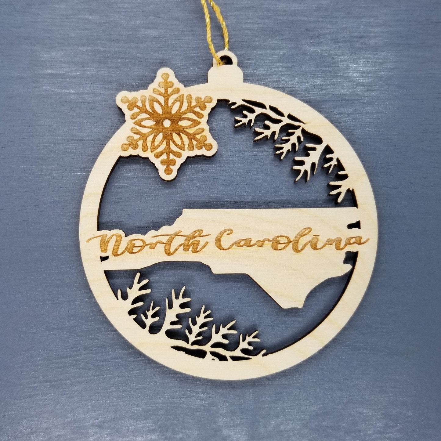 North Carolina Wood Ornament - NC State Shape with Snowflakes Cutout - Handmade Wood Ornament Made in USA Christmas Decor