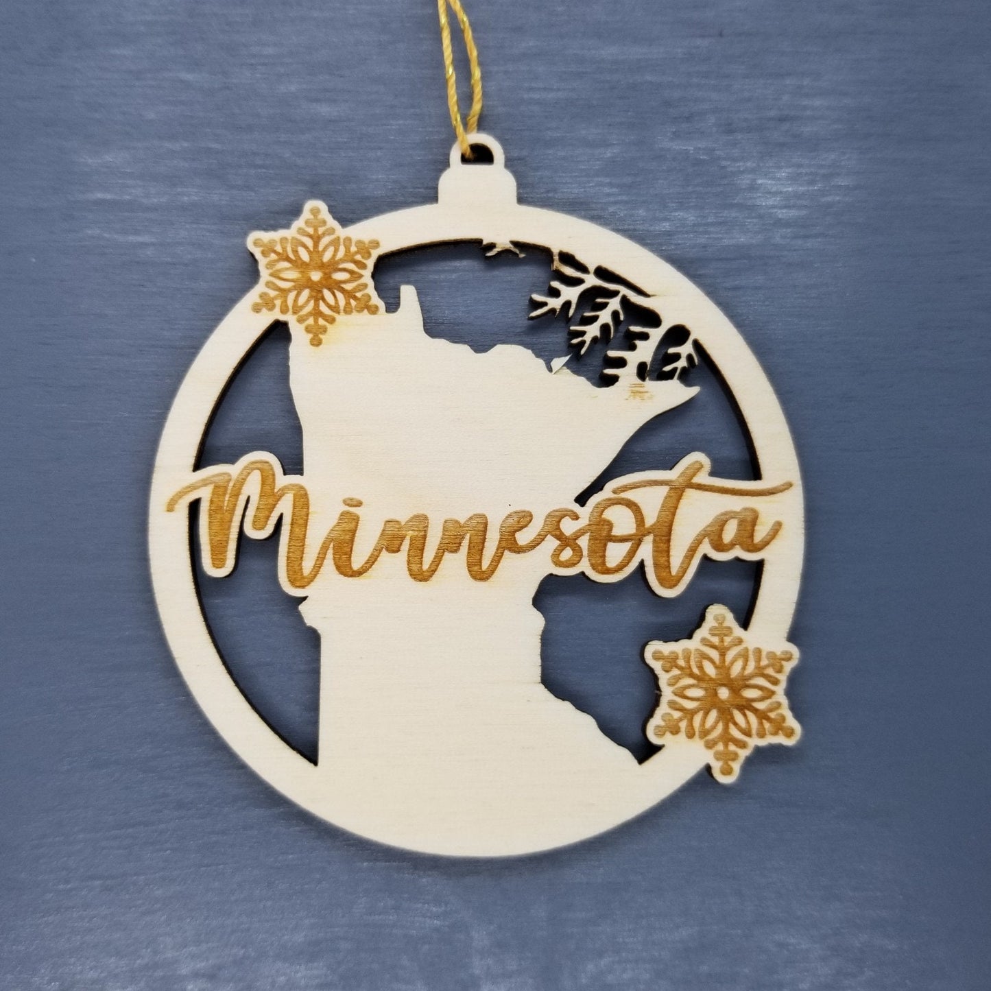 Minnesota Wood Ornament -  MN State Shape with Snowflakes Cutout - Handmade in USA - 15398