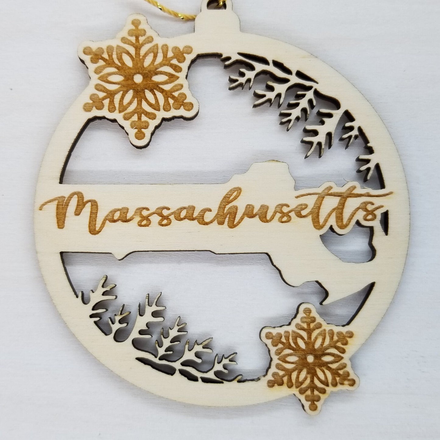 Massachusetts Wood Ornament - State Shape with Snowflakes MA Cutout - Handmade Wood Ornament Made in USA Christmas Decor