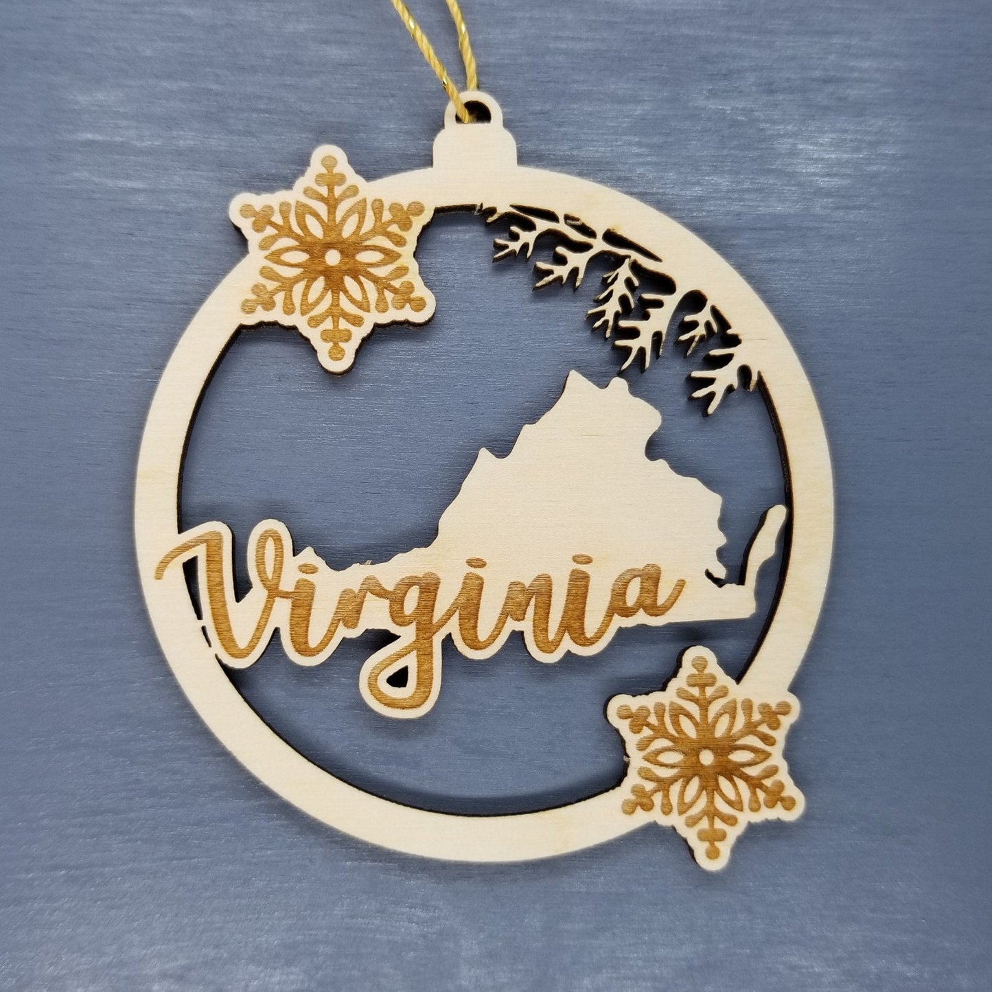 Virginia Wood Ornament - VA State Shape with Snowflakes Cutout - Handmade Wood Ornament Made in USA Christmas Decor