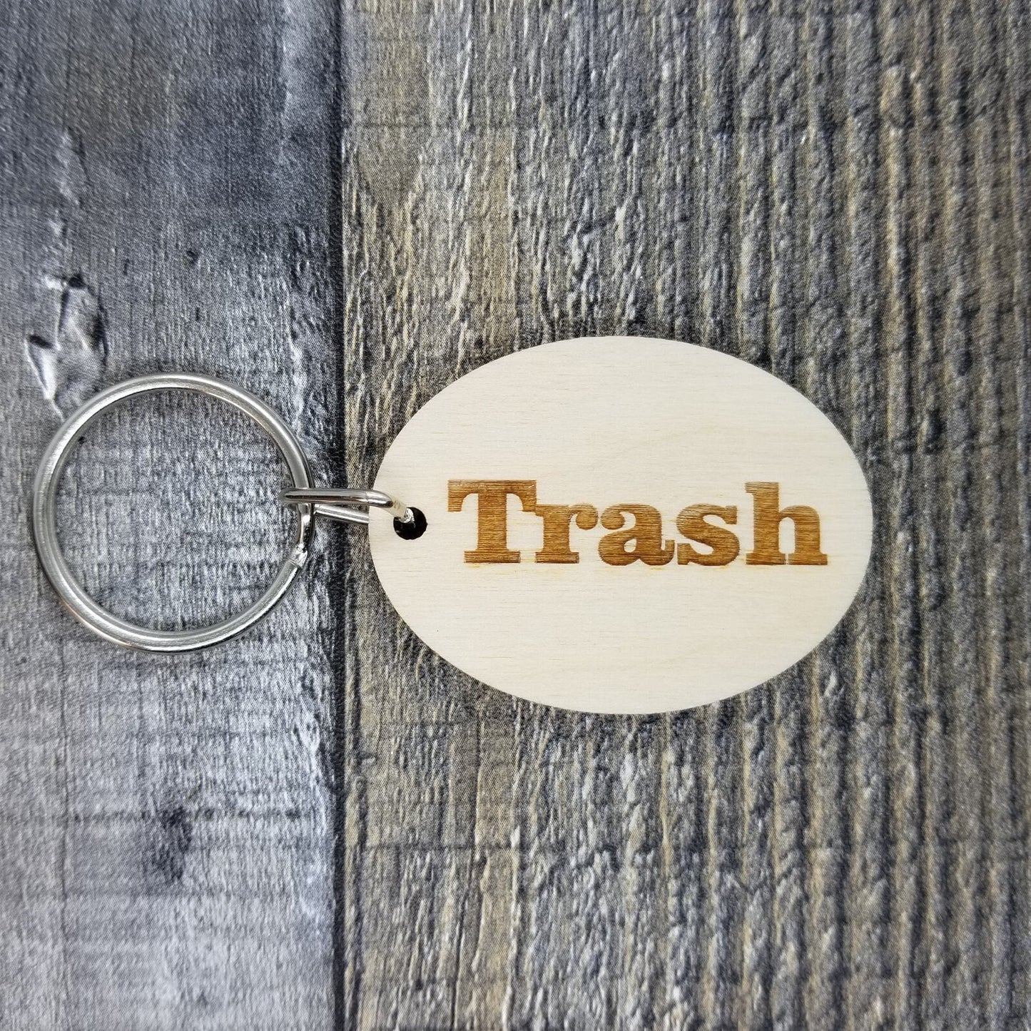 Trash Wood Keychain Key Ring Keychain Gift - Key Chain Key Tag Key Ring Key Fob - Trash Text Key Marker KC8157
