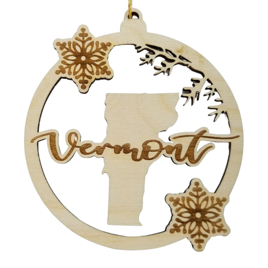Vermont Wood Ornament - VT State Shape with Snowflakes Cutout - Handmade Wood Ornament Made in USA Christmas Decor