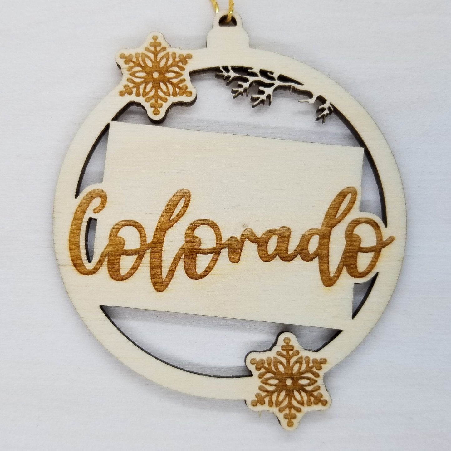 Colorado Ornament - State Shape with Snowflakes Cutout CO Souvenir - Handmade Wood Ornament Made in USA Christmas Decor