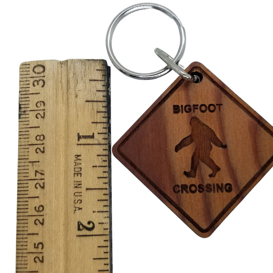 Bigfoot Keychain - Bigfoot Crossing - Wood Keyring Handmade in USA Sasquatch PNW Key Tag Souvenir -4084