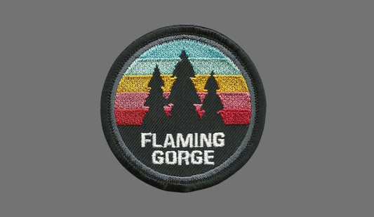 Flaming Gorge – Utah Patch – Wyoming Patch WY UT Souvenir – Travel Patch – Iron On – Applique 2.5" Circle Trees Colored Retro Stripes