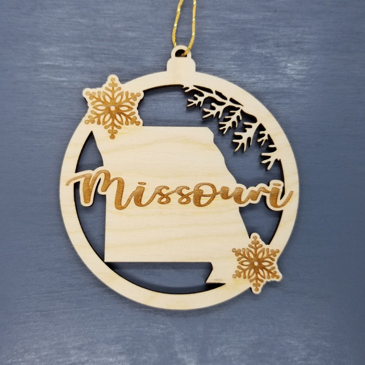 Missouri Wood Ornament - MO State Shape with Snowflakes Cutout - Handmade Wood Ornament Made in USA Christmas Decor
