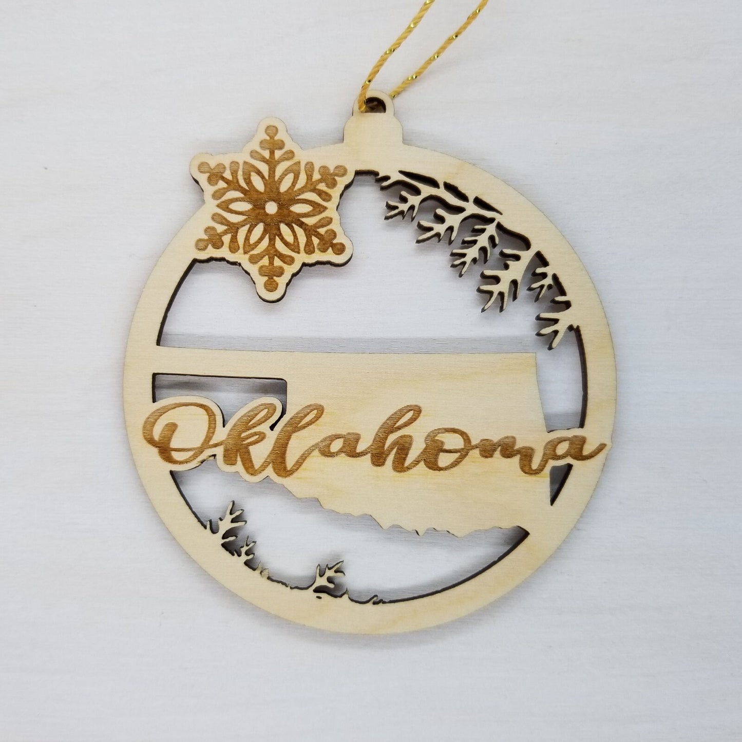 Oklahoma Wood Ornament - State Shape with Snowflakes OK Cutout - Handmade Wood Ornament Made in USA Christmas Decor