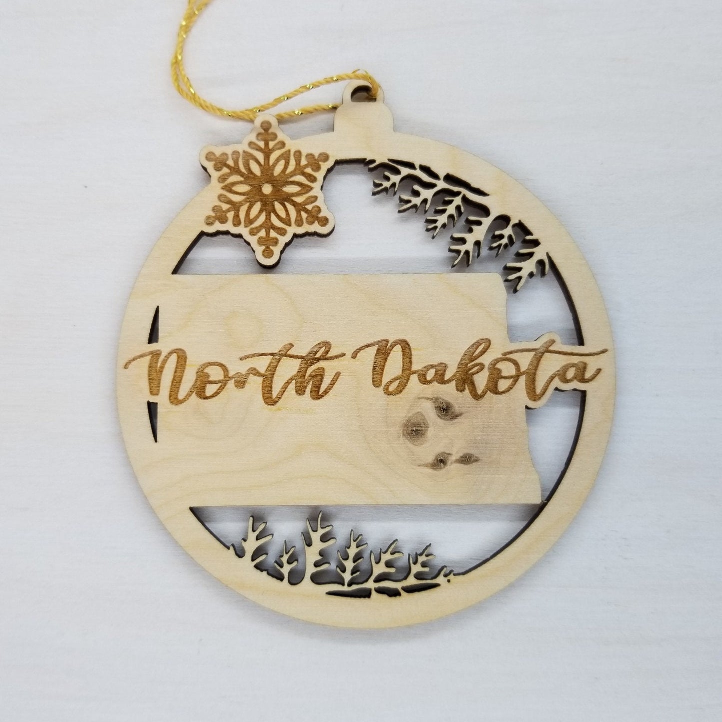 North Dakota Wood Ornament - ND State Shape with Snowflakes Cutout - Handmade Wood Ornament Made in USA Christmas Decor