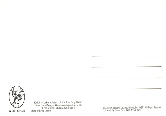 Vintage Colorado Postcard 4x6 Knights Lake at Head of Yankee Boy Basin San Juan Range Uncompahgre National Forest Ouray Colorado