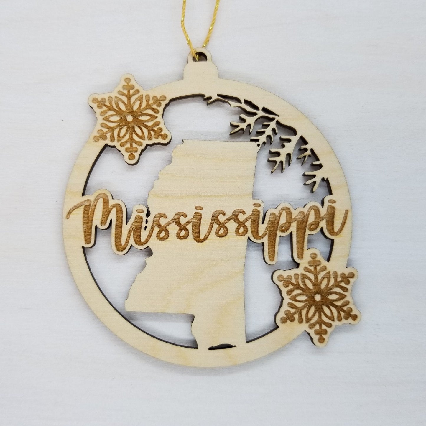 Mississippi Wood Ornament -  MS State Shape with Snowflakes Cutout - Handmade in USA - 15385