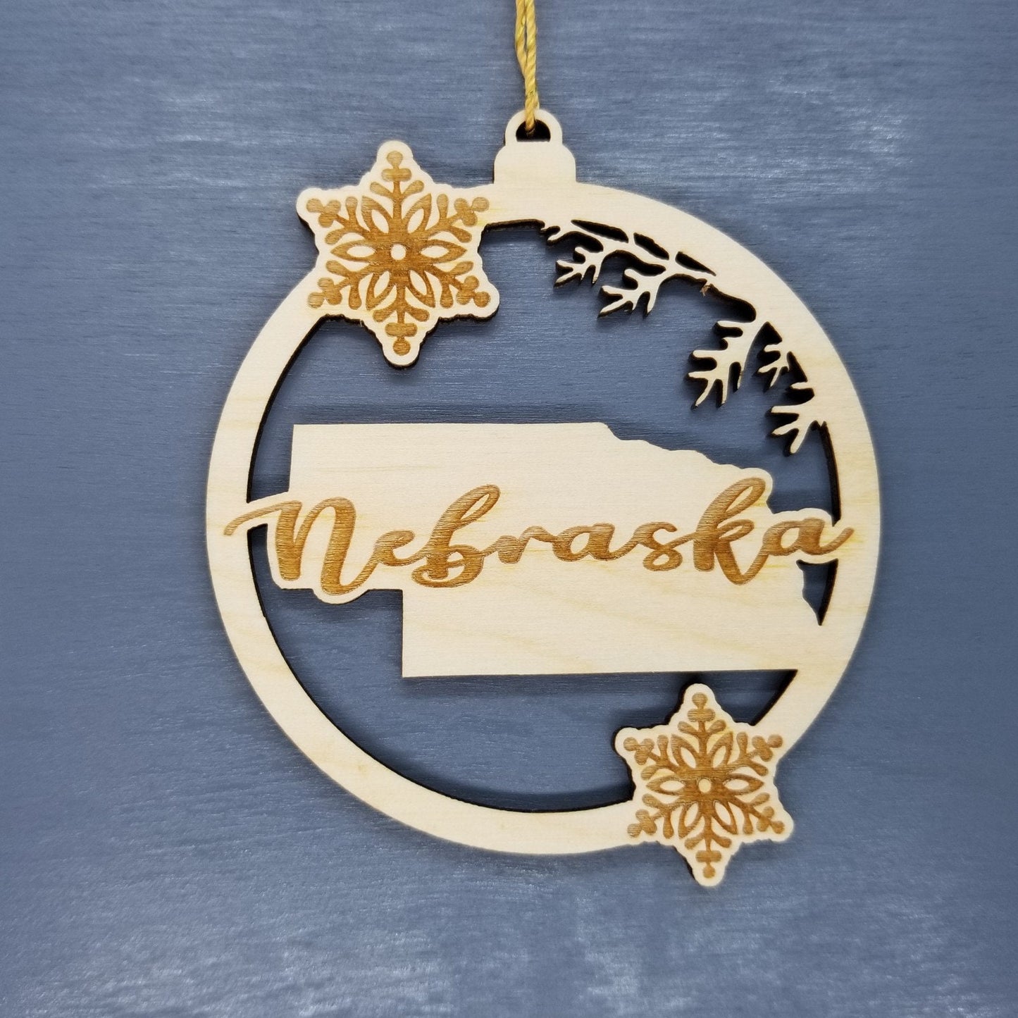 Nebraska Wood Ornament - State Shape with Snowflakes Cutout NE- Handmade Wood Ornament Made in USA Christmas Decor
