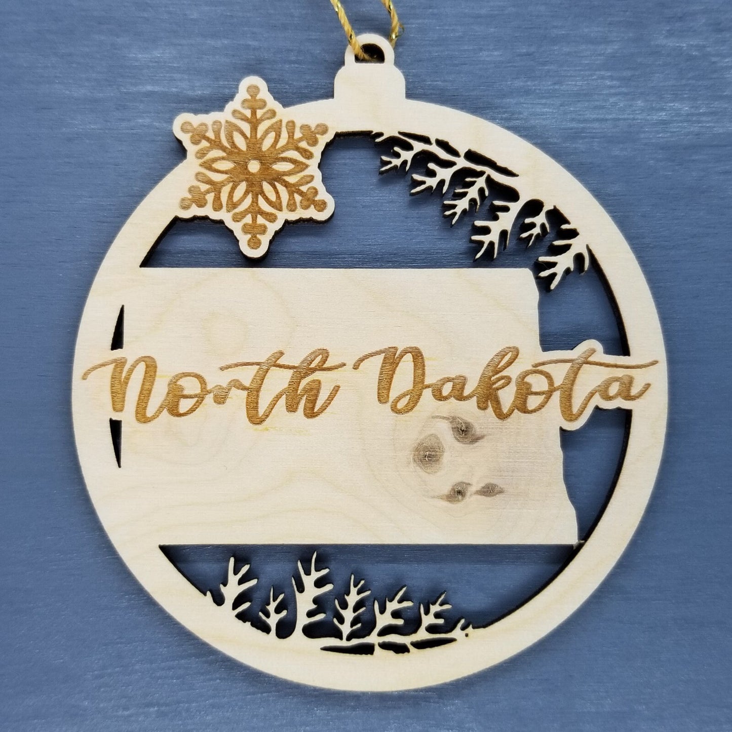 North Dakota Wood Ornament - ND State Shape with Snowflakes Cutout - Handmade Wood Ornament Made in USA Christmas Decor