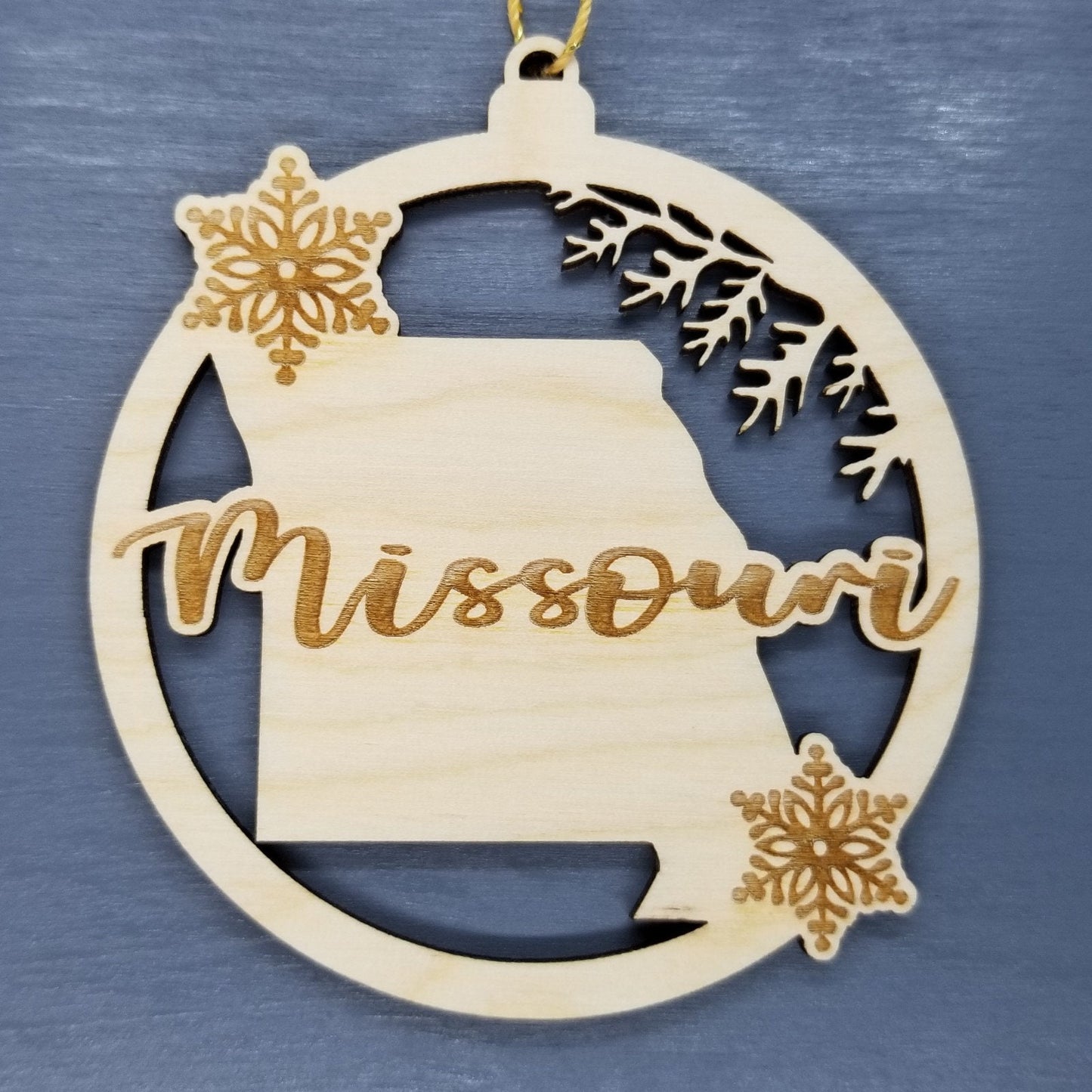 Missouri Wood Ornament - MO State Shape with Snowflakes Cutout - Handmade Wood Ornament Made in USA Christmas Decor
