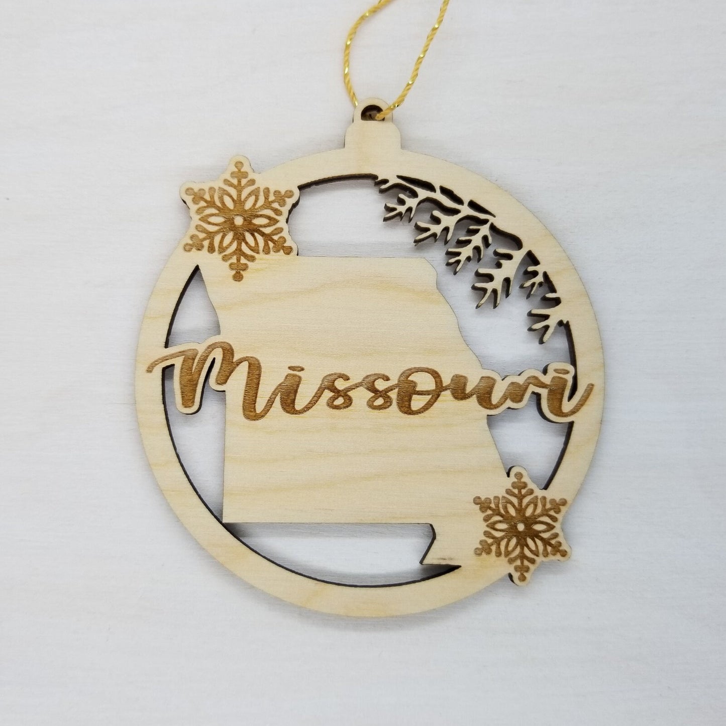 Missouri Wood Ornament - MO State Shape with Snowflakes Cutout - Handmade Wood Ornament Made in USA Christmas Decor