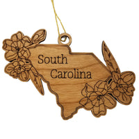 South Carolina Wood Ornament -  SC State Shape with State Flowers Yellow Jessamine - Handmade Wood Ornament Made in USA Christmas Decor
