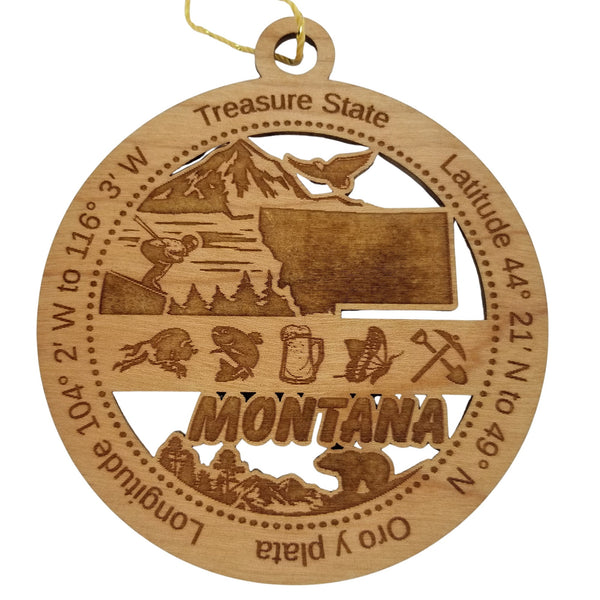 Montana Wood Ornament - MT Souvenir - Handmade Wood Ornament Made in USA State Shape Downhill Skier Trees Eagle Mountains Mining Tools
