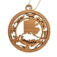 Alaska Wood Ornament - AK Souvenir - Handmade Wood Ornament Made in USA State Shape Bush Plane Dog Sleds Hunting Salmon Forget Me Nots