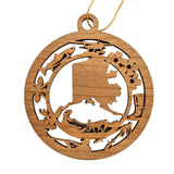Alaska Wood Ornament - AK Souvenir - Handmade Wood Ornament Made in USA State Shape Bush Plane Dog Sleds Hunting Salmon Forget Me Nots