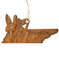 Tennessee Wood Ornament -  TN State Shape with State Flowers Irises - Handmade Wood Ornament Made in USA Christmas Decor