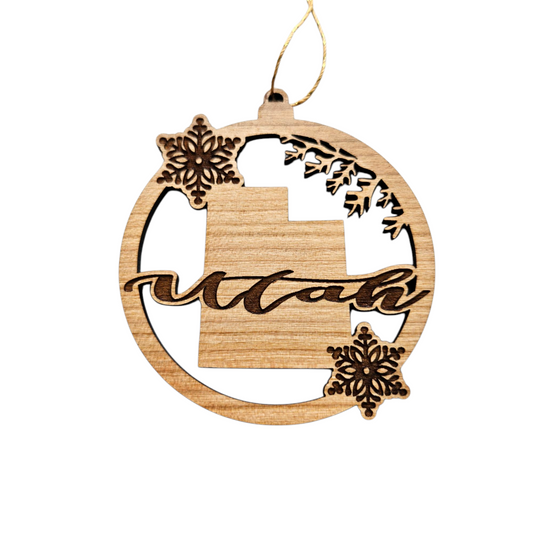 Utah Wood Ornament -  State Shape with Snowflakes UT Cutout - Handmade in USA Souvenir - 15409
