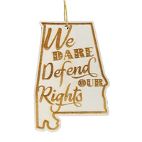 Alabama Wood Ornament -  AL State Shape with State Motto - We Dare Defend Our Rights Handmade in USA Christmas Decor