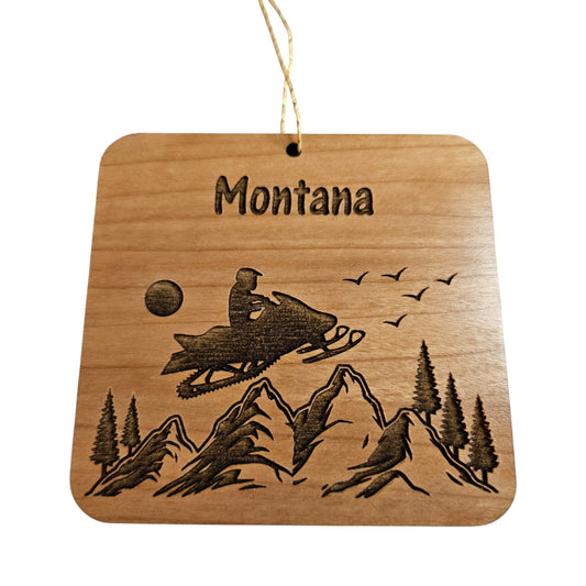 Montana Snowmobile Mountains Ornament Handmade Wood Souvenir  - 15803