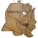 Mississippi Wood Ornament -  State Shape with State Flowers Magnolias MS - Handmade Wood Ornament Made in USA Christmas Decor