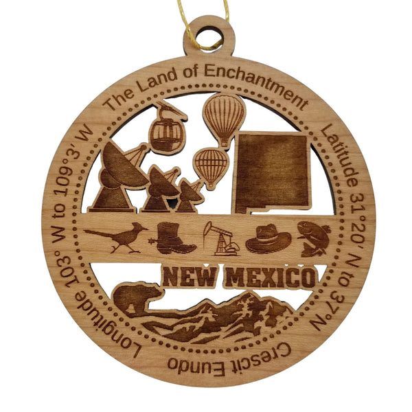 New Mexico Wood Ornament -  NM Souvenir - Handmade Wood Ornament Made in USA State Shape Hot Air Balloons Sky Tram Satellites Roadrunner