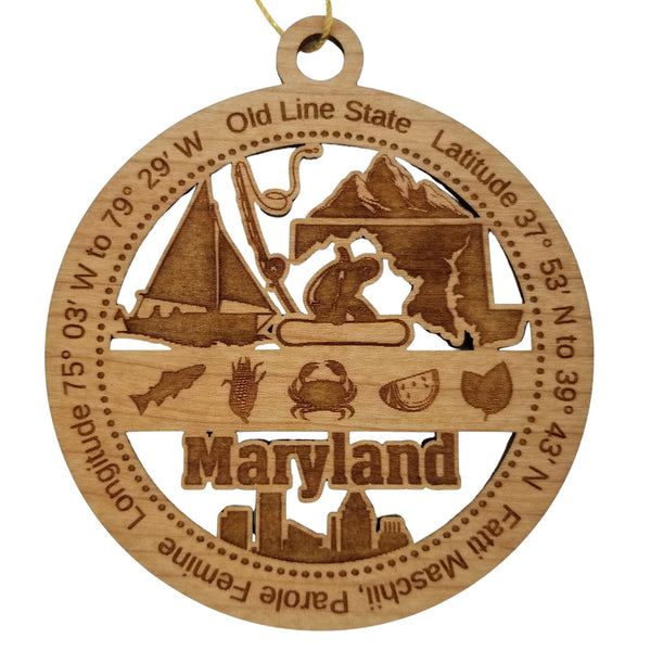 Maryland Wood Ornament - MD Souvenir - Handmade Wood Ornament Made in USA State Shape Sailboat Fishing Pole Snowboarder Crab Mountains
