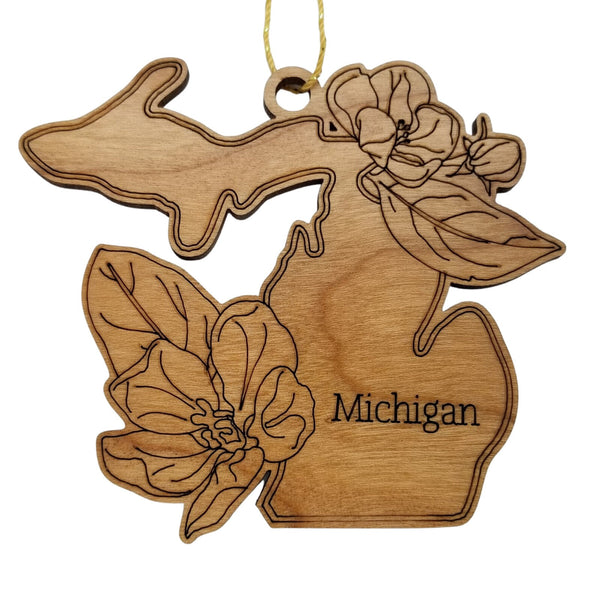 Michigan Wood Ornament -  MI State Shape with State Flowers Apple Blossoms - Handmade Wood Ornament Made in USA Christmas Decor