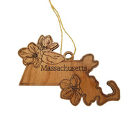 Massachusetts Wood Ornament -  MA State Shape with State Flowers The Mayflower - Handmade Wood Ornament Made in USA Christmas Decor