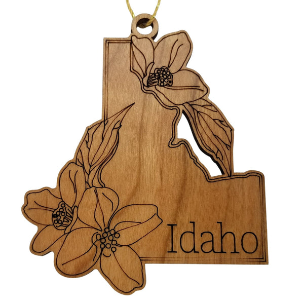 Idaho Wood Ornament -  ID State Shape with State Flowers Syringa - Handmade Wood Ornament Made in USA Christmas Decor