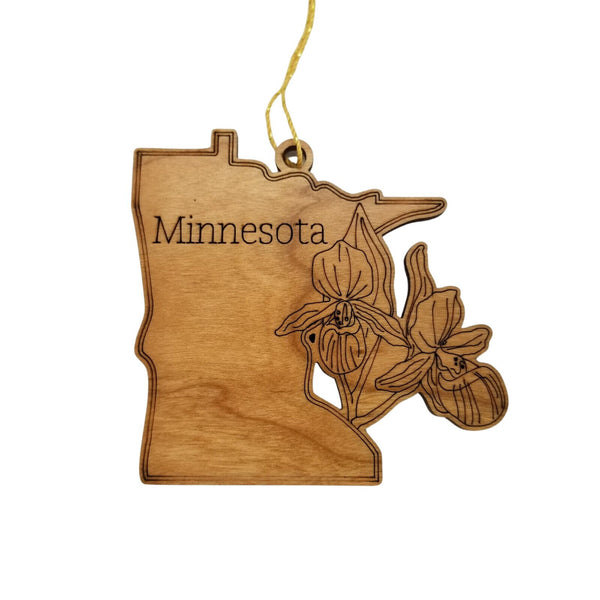 Minnesota Wood Ornament -  State Shape with State Flowers Showy Ladys Slippers MN - Handmade Wood Ornament Made in USA Christmas Decor