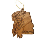 Alabama Wood Ornament -  AL State Shape with State Flowers Camellias - Handmade Wood Ornament Made in USA Christmas Decor