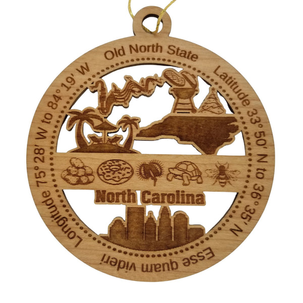 North Carolina Wood Ornament - NC Souvenir - Handmade Wood Ornament Made in USA State Shape Beach Scene Musical Notes Barbecue Donut Bee