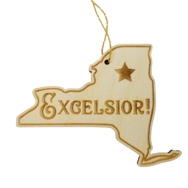 New York Wood Ornament - NY State Shape with State Motto - Handmade Wood Ornament Made in USA Christmas Decor