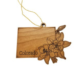 Colorado Wood Ornament -  CO State Shape with State Flowers Colorado Blue Colulmbine - Handmade Wood Ornament Made in USA Christmas Decor