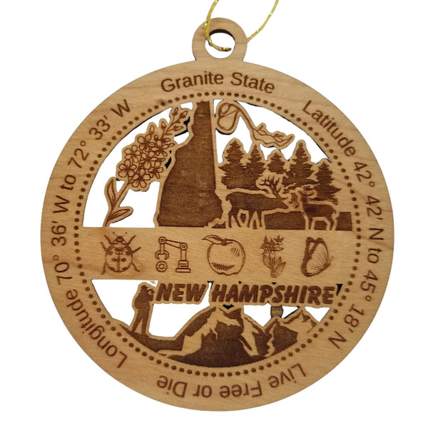 New Hampshire Wood Ornament - NH Souvenir - Handmade Wood Ornament Made in USA State Shape Deer Trees Apple Factory Equipment Butterfly