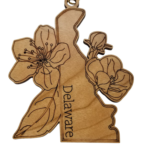 Delaware Wood Ornament -  DE State Shape with State Flowers Peach Blossoms - Handmade Wood Ornament Made in USA Christmas Decor